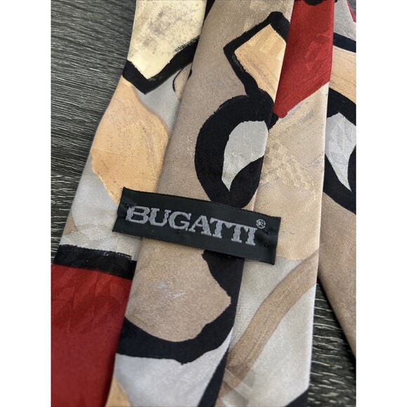 Bugatti Vintage Silk Men Neck Tie Abstract Made In USA Lined Taupe Rust - Picture 6 of 9